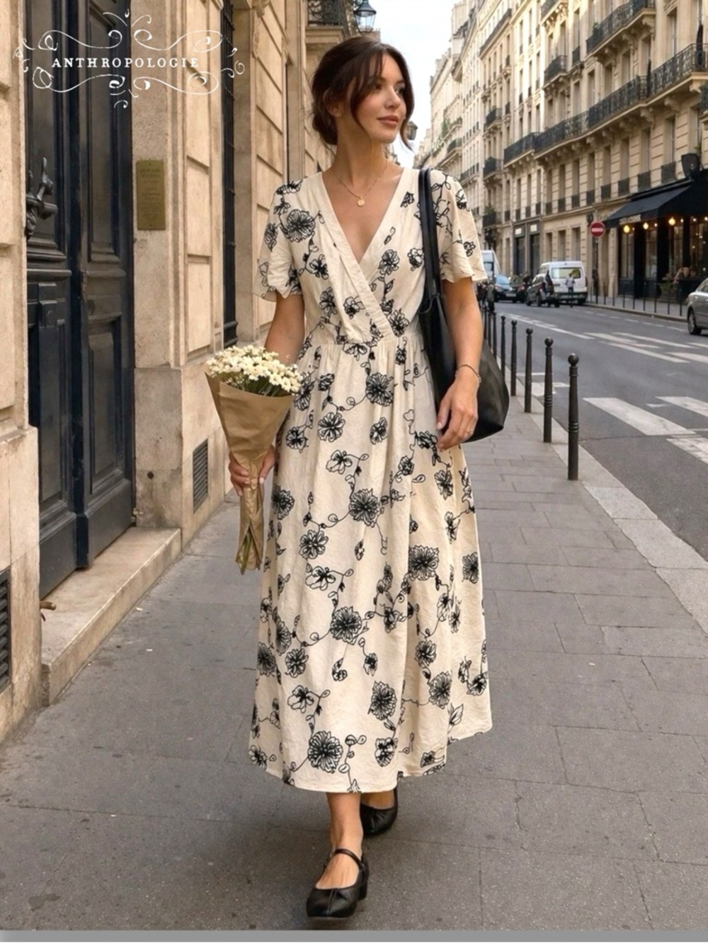 Anthropologie by Fig and Flower Floral Midi Dress in Cream and Black size Small